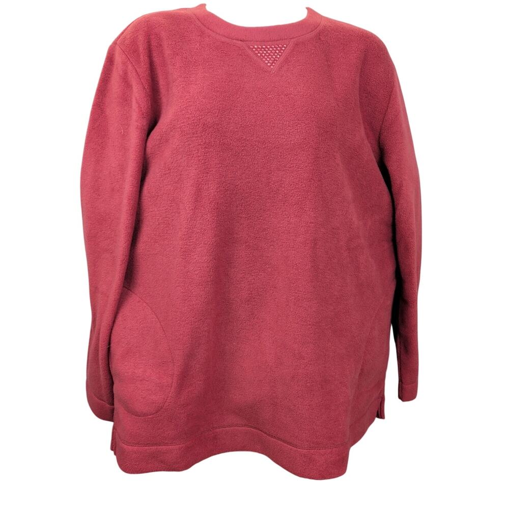 Quacker Factory Womens Fleece Crew Neck Pullover Red Rhinestones Size XL NWT